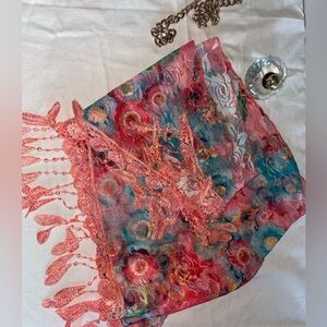 Floral Lace Scarf with Fringe